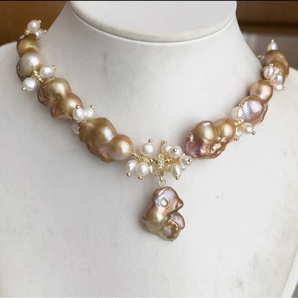 Elegant Genuine Baroque Pearl and Gold Necklace 16+2inches